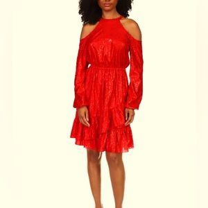 MICHAEL KORS Womens Red Cold Shoulder Ruffled Dress